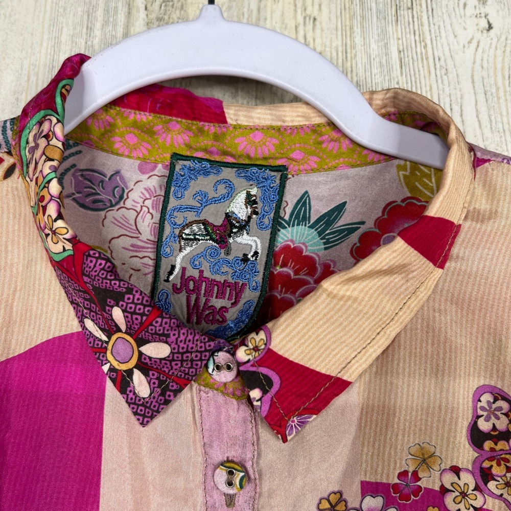 Johnny Was Silk Patchwork Floral Yama Jasmine Tiered Dress Women Large MSRP $248 - Picture 5 of 16